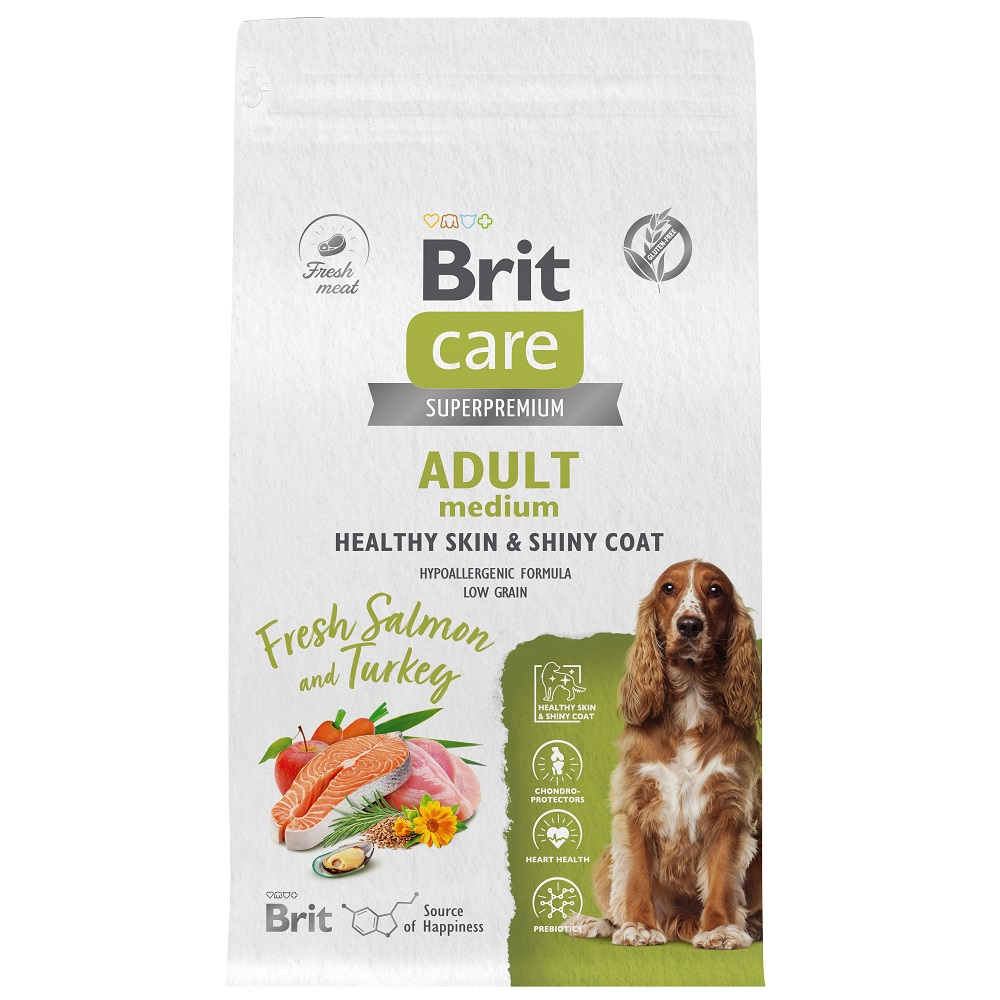 Корм для собак Brit Care Healthy Skin  & Shiny Coat для средних пород, лосось с индейкой сух. 1,5кг