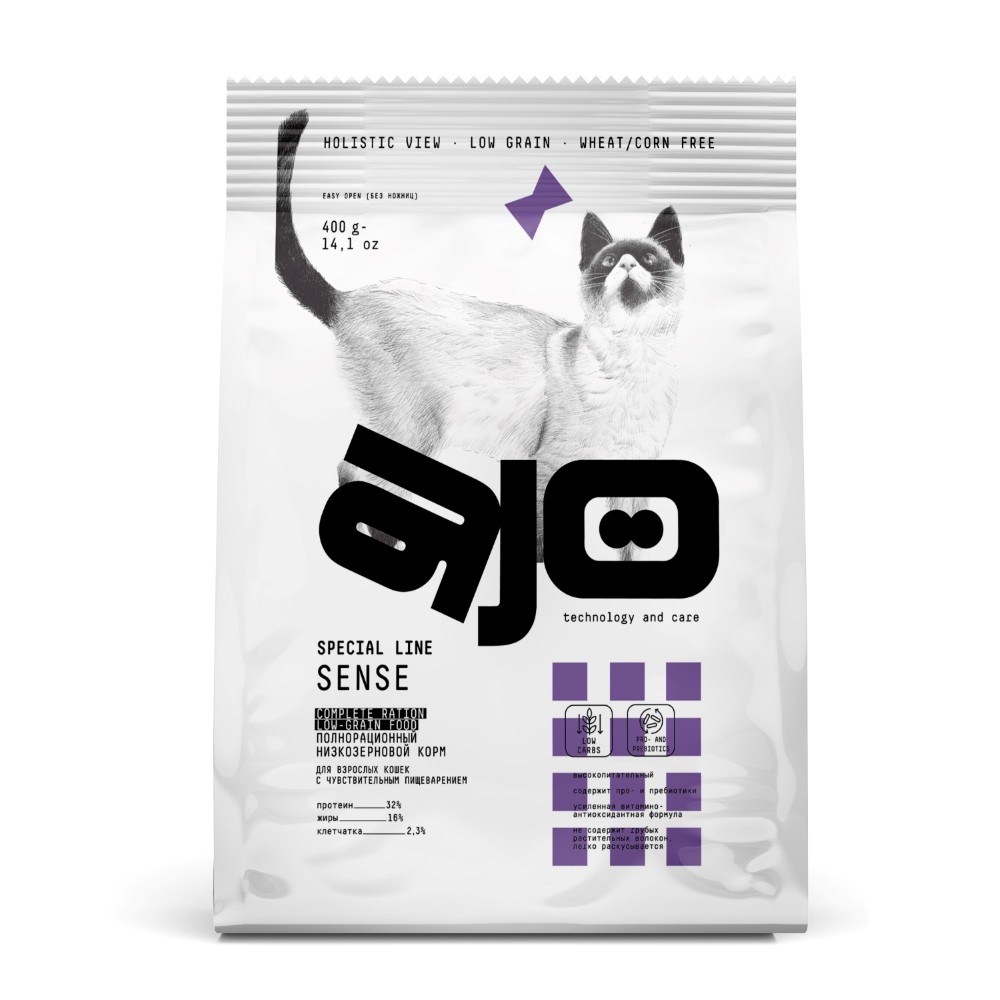 Корм для кошек AJO Cat Sense с чувствительным пищеварением, оленина сух. 400г