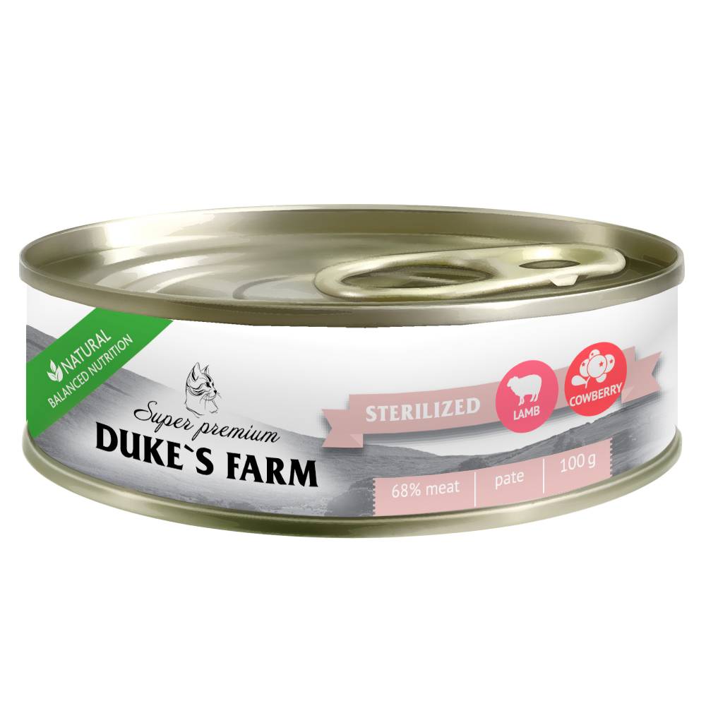 Корм для стерилизованных кошек DUKE'S FARM из ягненка с брусникой и шпинатом 100г корм для котят duke s farm из утки с клюквой и шпинатом 100г
