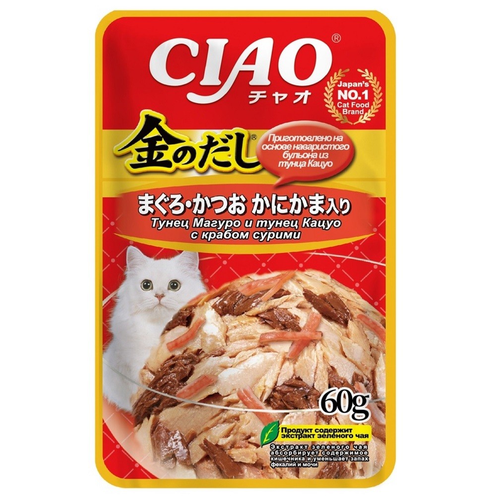 Корм для кошек INABA Ciao Kinnodashi тунец Магуро и тунец Кацуо с крабом сурими пауч 60г