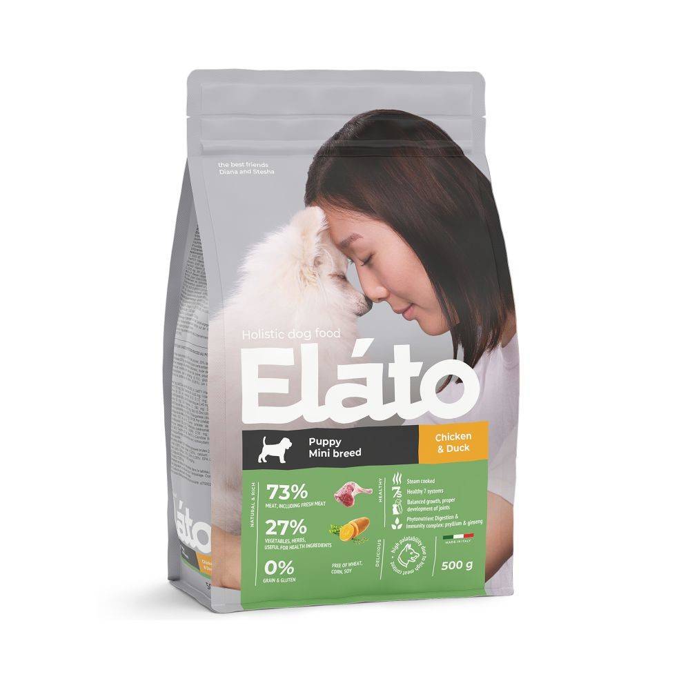 Корм для щенков Elato Holistic для мелких пород, курица с уткой сух. 500г корм для кошек elato holistic для кастрированных стерилиз и малоактивных курица с уткой сух 1 5кг