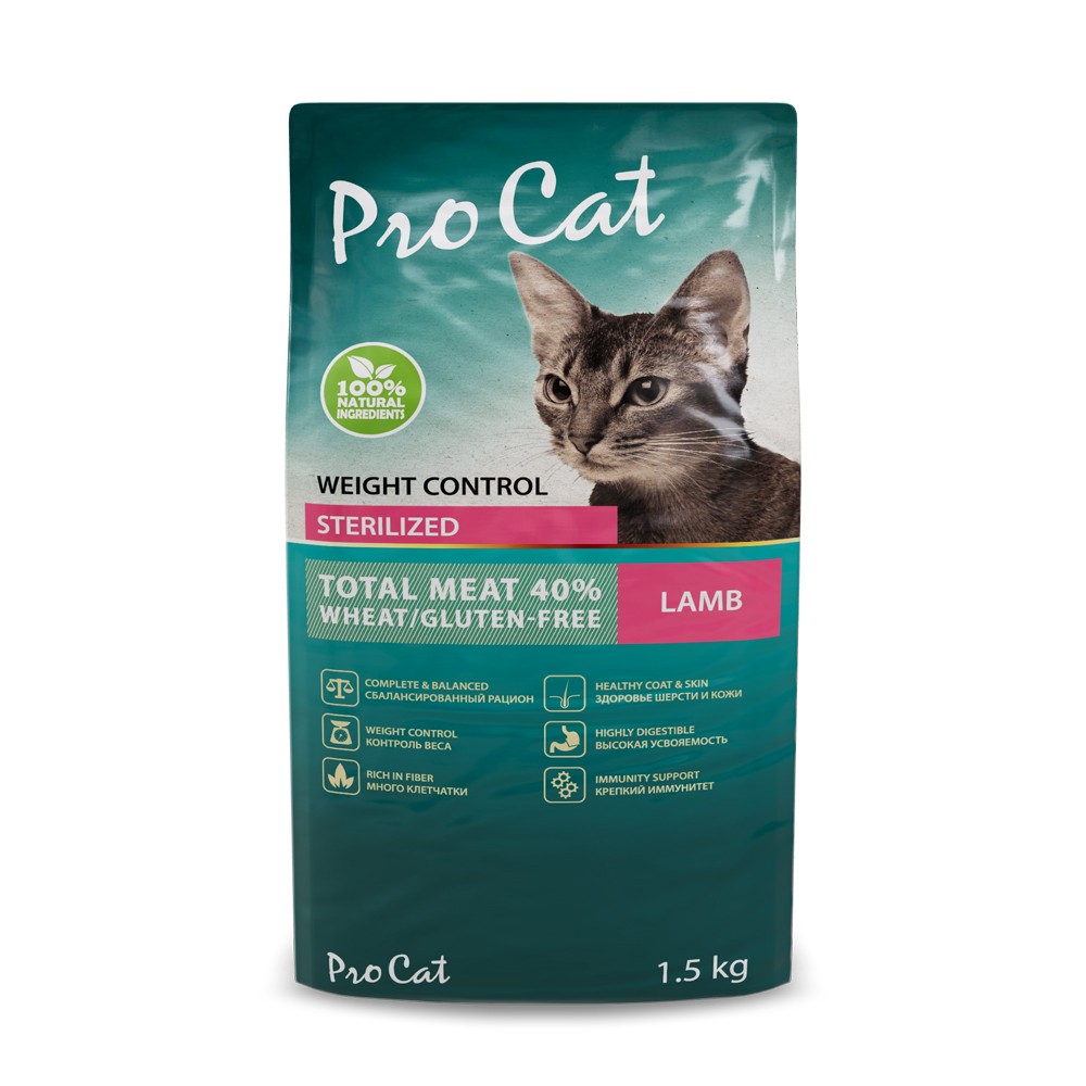 Корм для кошек Pro Cat для стерилизованных для поддержания оптимального веса, ягненок сух. 1,5кг корм для кошек pro cat для стерилизованных для поддержания оптимального веса ягненок сух 400г