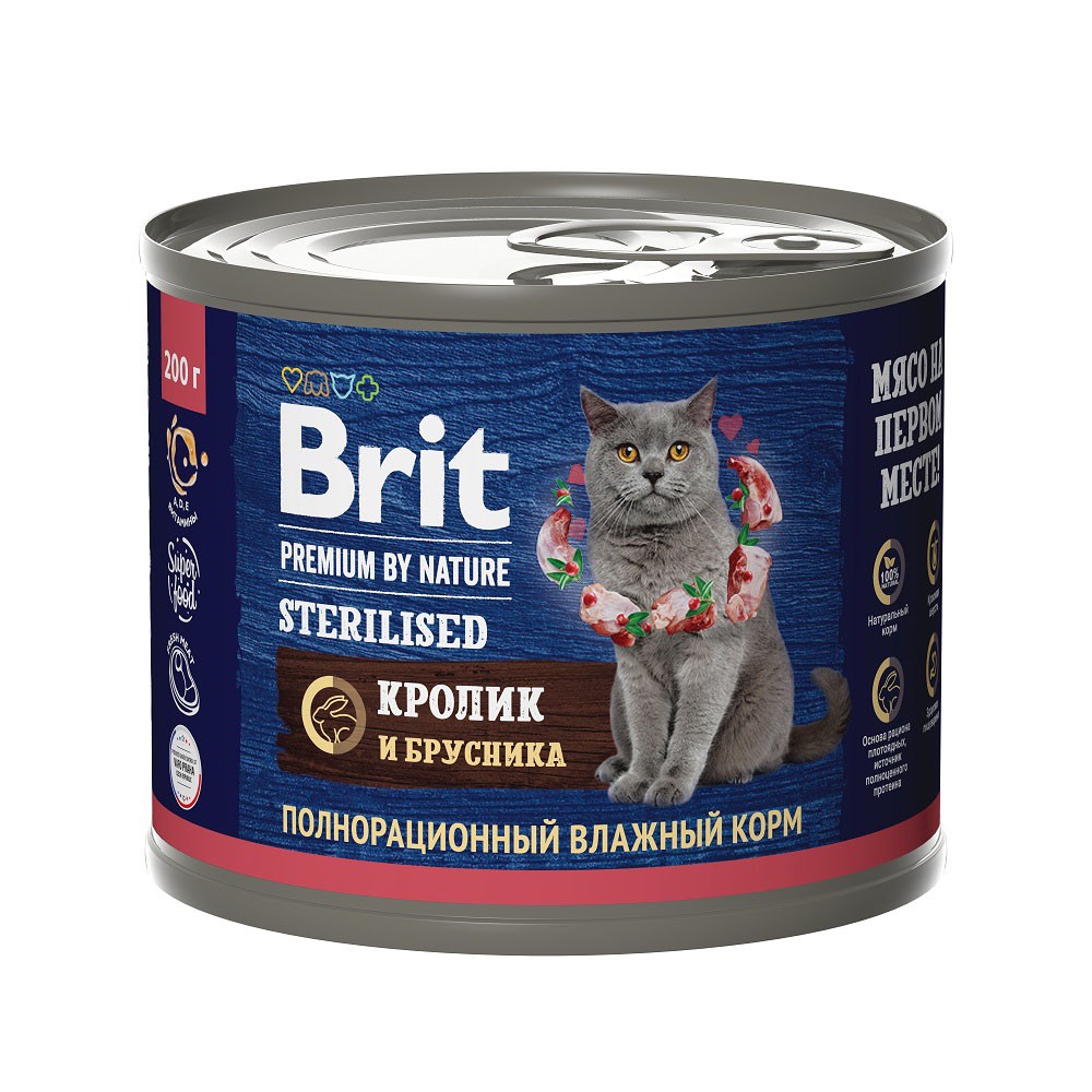 Корм для кошек Brit Premium by Nature для стерилизованных, мясо кролика с брусникой банка 200г