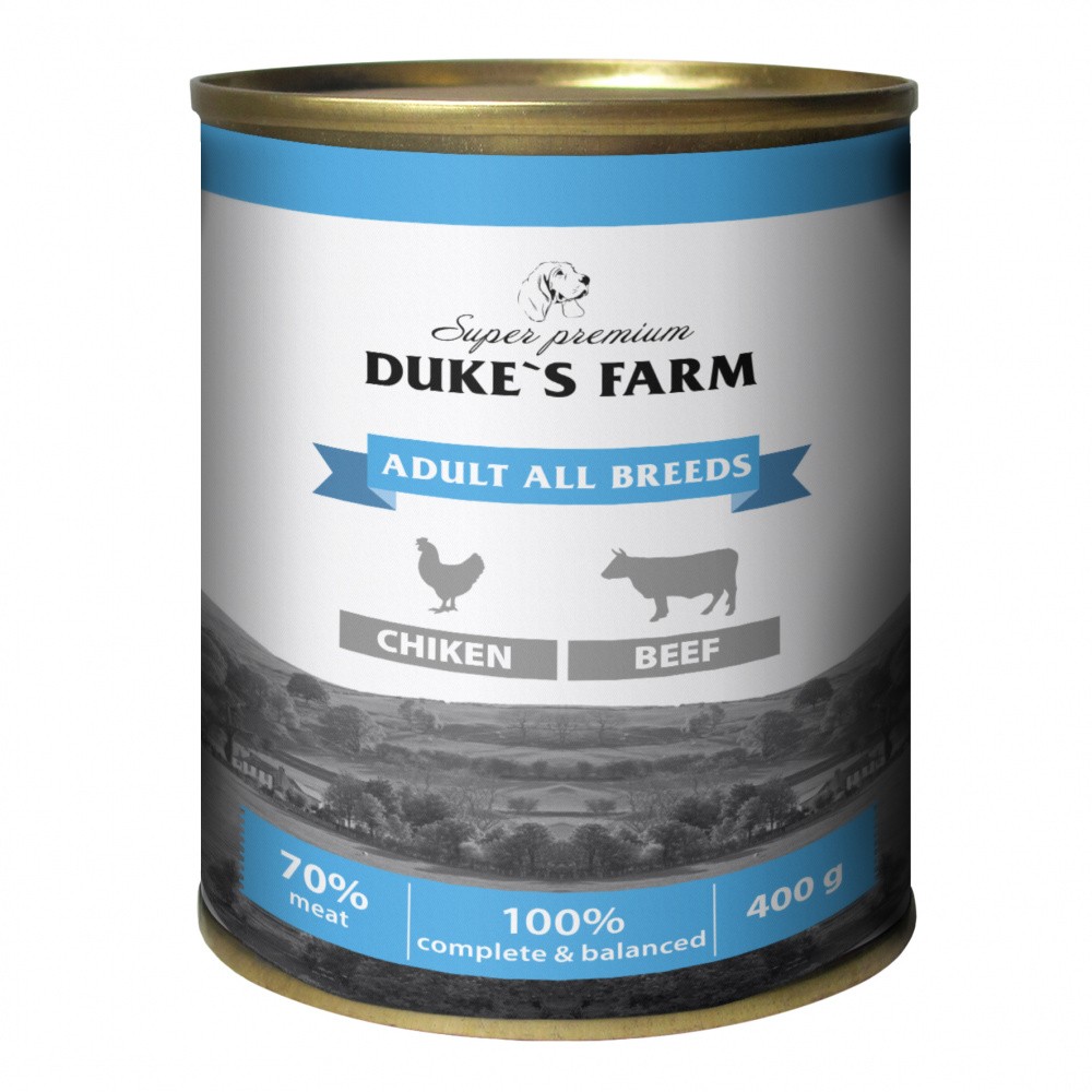 Корм для собак DUKE'S FARM Паштет из курицы с говяжьими потрошками банка 400г корм для собак duke s farm паштет из ягненка с кроликом банка 200г