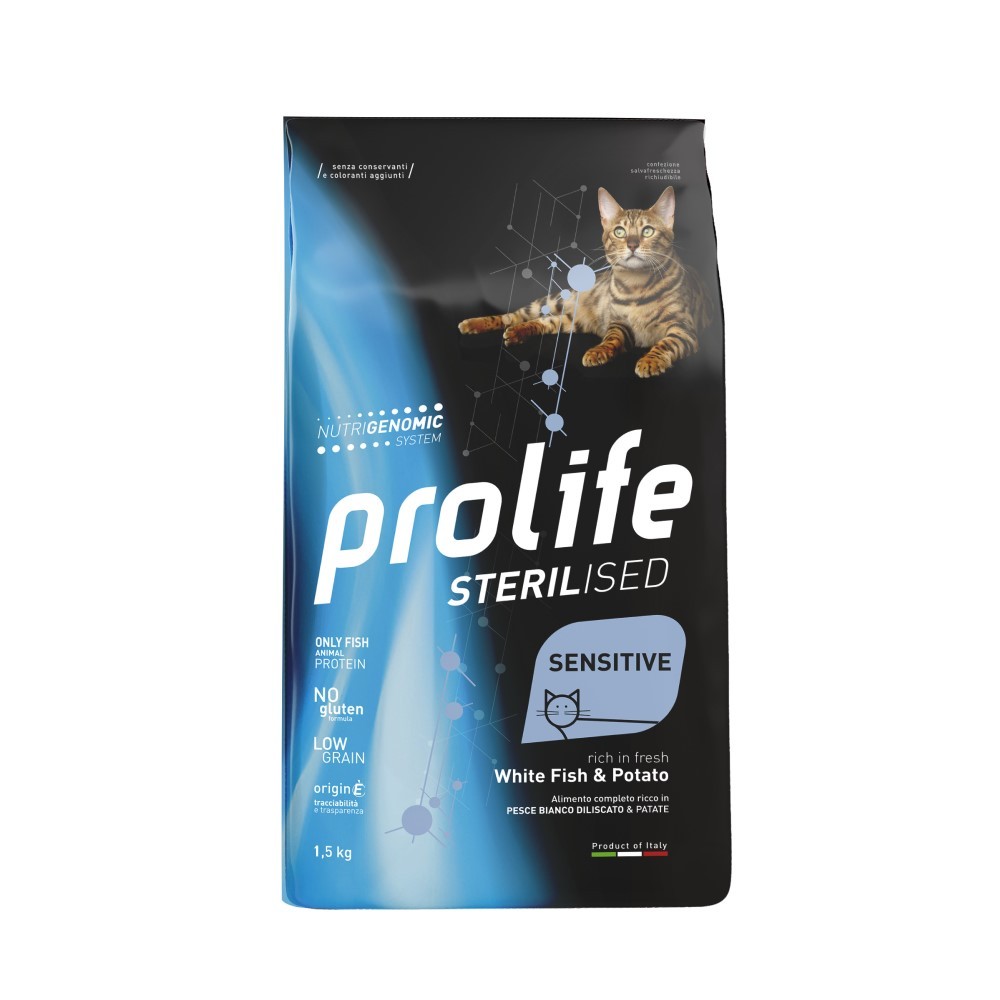 Корм для кошек PROLIFE для стерилизованных с чувствительным пищеварением, белая рыба, картофель, рис сух. 400г