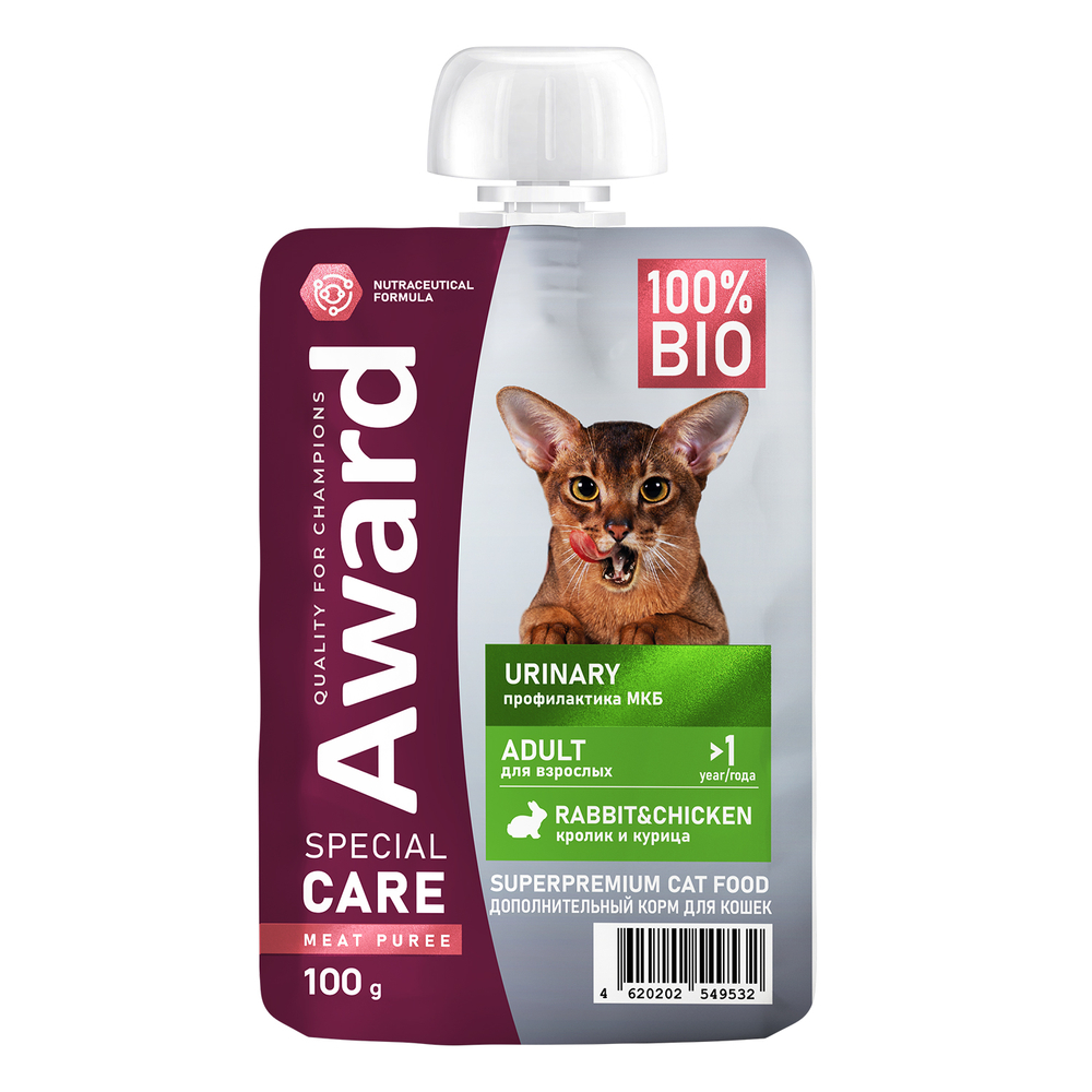 Корм для кошек AWARD Special Care доп мясное пюре для профМКБ курица с кроликом пауч 100г 194₽