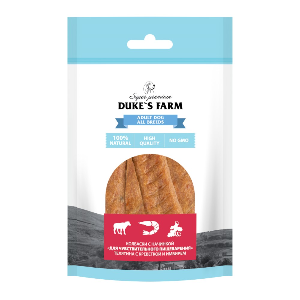Лакомство для собак DUKE'S FARM Колбаски Чувствительное пищеварение,телятина с кревет. и имбирем 40г