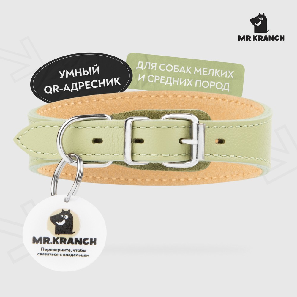 Ошейник-селедка для собак MrKranch из натуральной кожи с QR-адресником нежно-зеленый 21-25см 1975₽