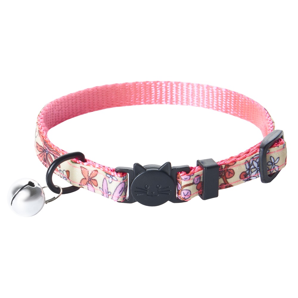 Ошейник для кошек ZOO ONE  "Цветы " с безопасной пряжкой, бубенчиком красный 10ммх18-28см