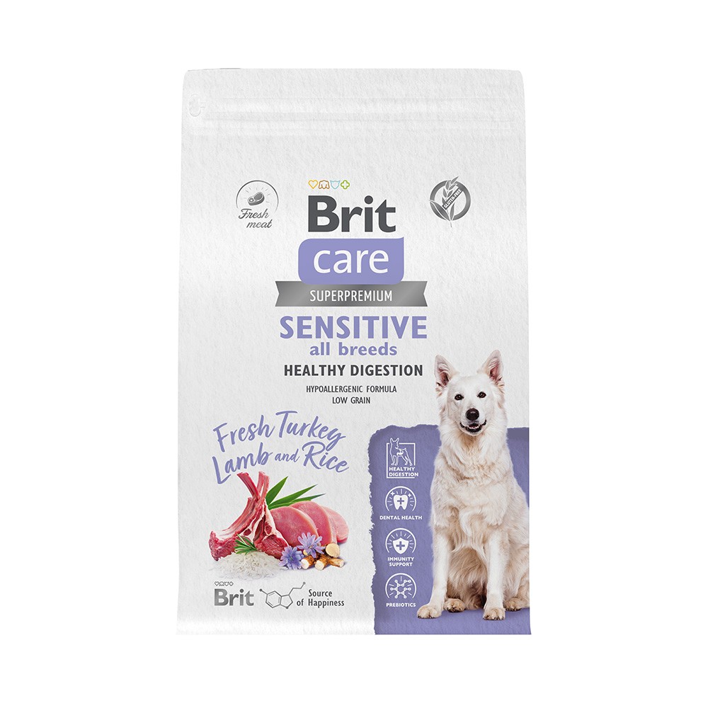 Корм для собак Brit Care Sensitive Healthy Digestion индейка с ягненком сух. 3кг healthy pup healthy gut для пищеварительной системы для собак 120 жевательных таблеток 288 г 10 унций