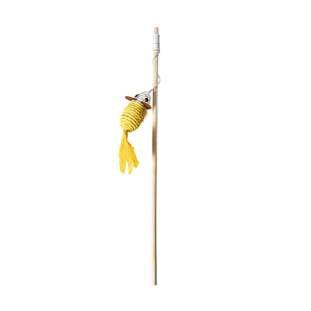 цена Игрушка для кошек Foxie Naturalness Дразнилка плетеная мышка с перьями 12х3х40см желтая