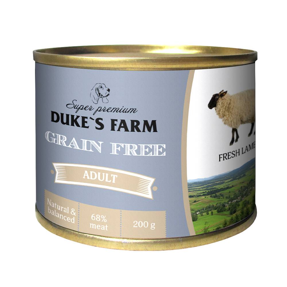 Корм для собак DUKE'S FARM Grain Free беззерновой ягненок, клюква, шпинат банка 200г belcando finest grain free сухой беззерновой корм для привередливых собак с ягненком 4 кг