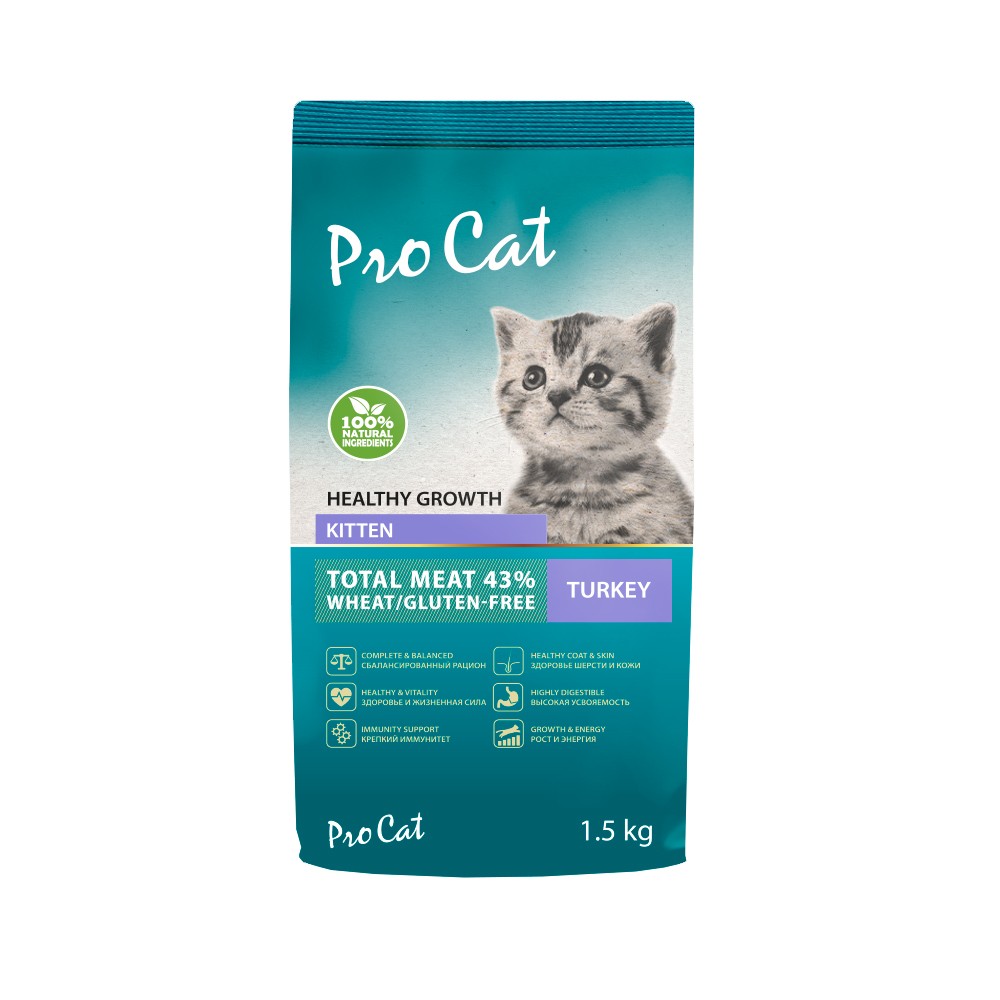 Корм для котят Pro Cat для здорового роста и энергии, индейка сух. 1,5кг корм для котят premier cat свежая индейка сух 2кг