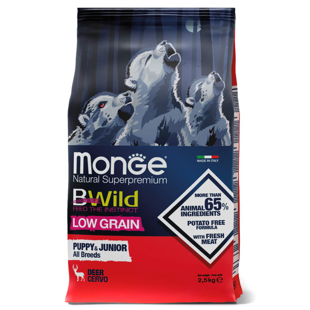 Корм для щенков Monge Dog Bwild Low Grain мясо оленя сух 25кг 3500₽