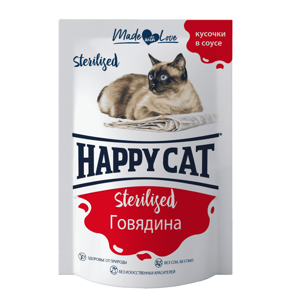 корм для кошек happy cat курочка ломтики в соусе пауч 100г Корм для кошек HAPPY CAT Sterilised говядина кусочки в соусе пауч 85г