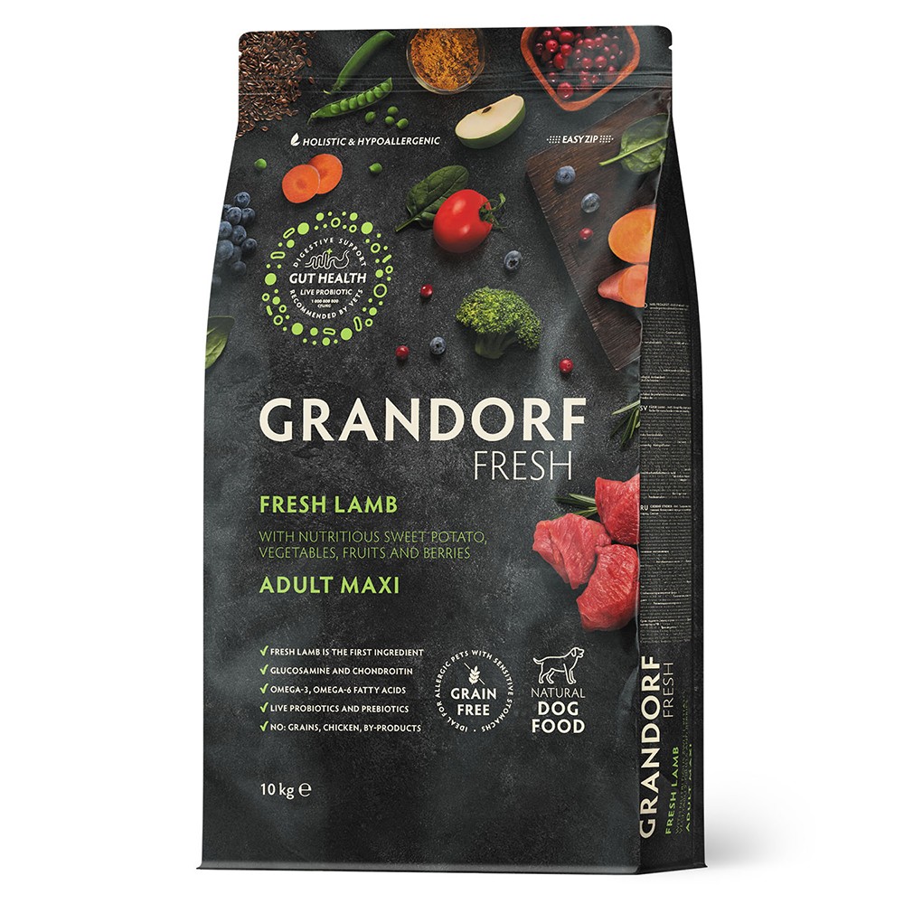 Беззерновой корм с живыми пробиотиками для собак GRANDORF FRESH Dog Maxi для крупных пород, свежее мясо ягненка с бататом сух. 10кг