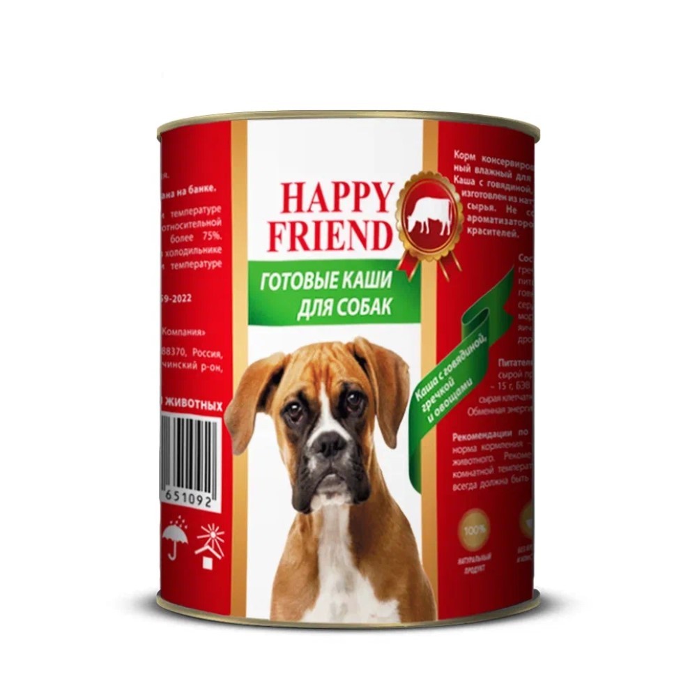 Корм для собак HAPPY FRIEND Каша с говядиной, гречкой и овощами 340г корм для собак happy friend с говядиной и сердцем банка 410г