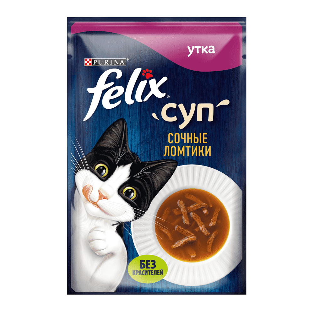 Корм для кошек FELIX Сочные Ломтики суп, неполнорационный с уткой 48г корм для кошек felix сочные ломтики суп неполнорационный с индейкой 48г