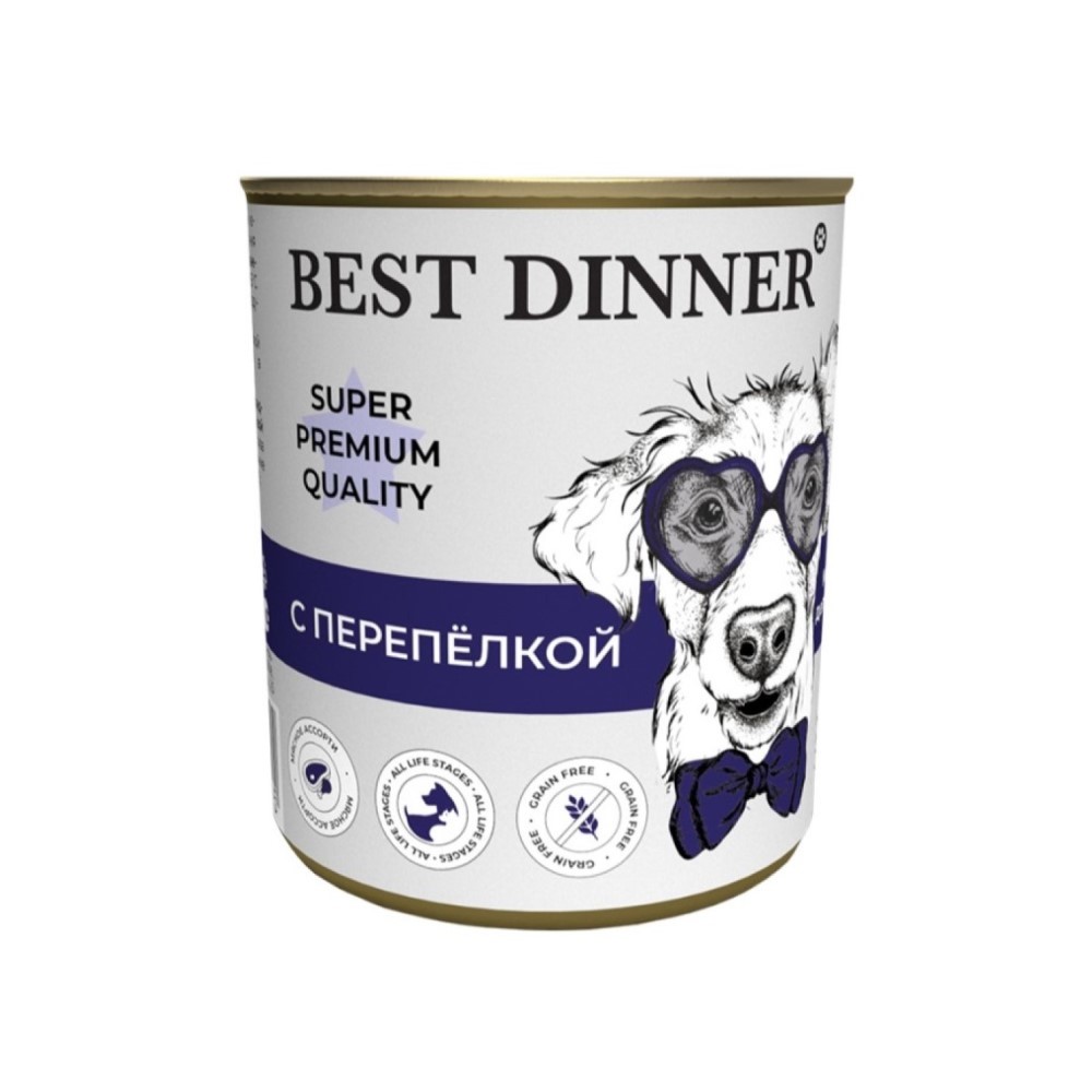 Корм для щенков и собак Best Dinner Super Premium Мясные деликатесы с 6месяцев, перепелка банка 340г корм для собак best dinner premium меню 5 ягненок с рисом банка 340г