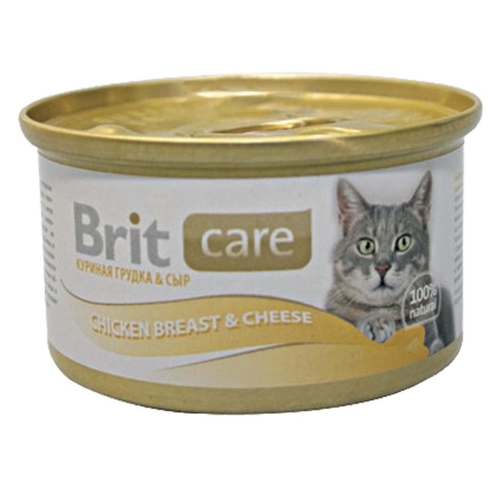 лакомство для кошек киоко куриная грудка 25г Корм для кошек Brit Care Куриная грудка с сыром банка 80г