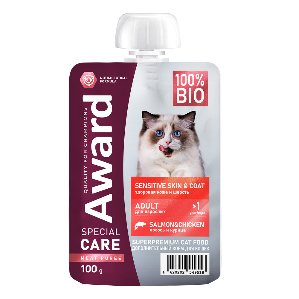 Корм для кошек AWARD Special Care доп мясное пюре для здоркожи и шерсти курица с лосос пауч 100г 194₽