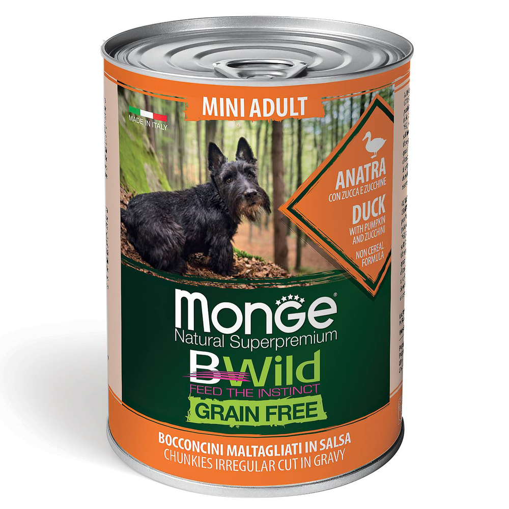 Корм для собак Monge Dog BWild Grain Free для мелких пород утка с тыквой и кабачками банка 400г 390₽