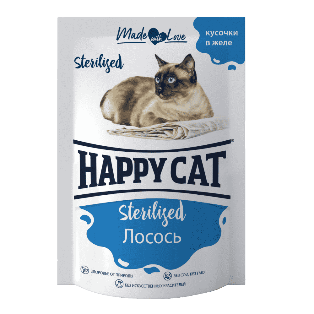 Корм для кошек HAPPY CAT Sterilised лосось кусочки в желе пауч 100г