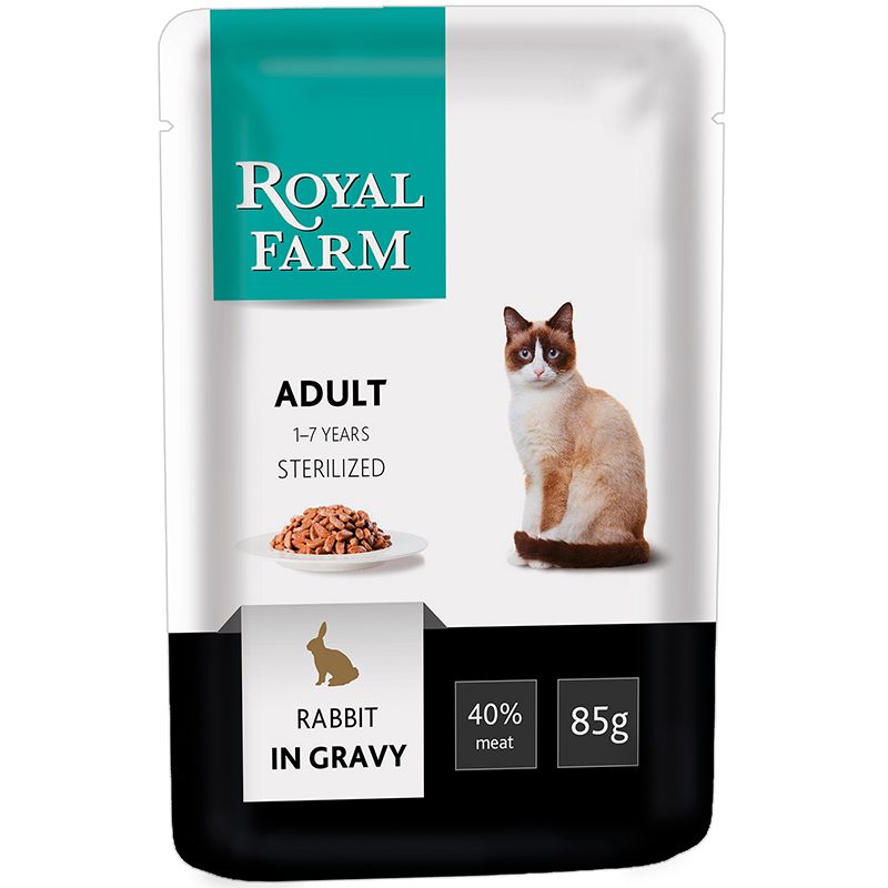 Корм для кошек ROYAL FARM для стерилизованных кролик в соусе конс. пауч 85г корм для кошек pro plan утка в соусе пауч 85г