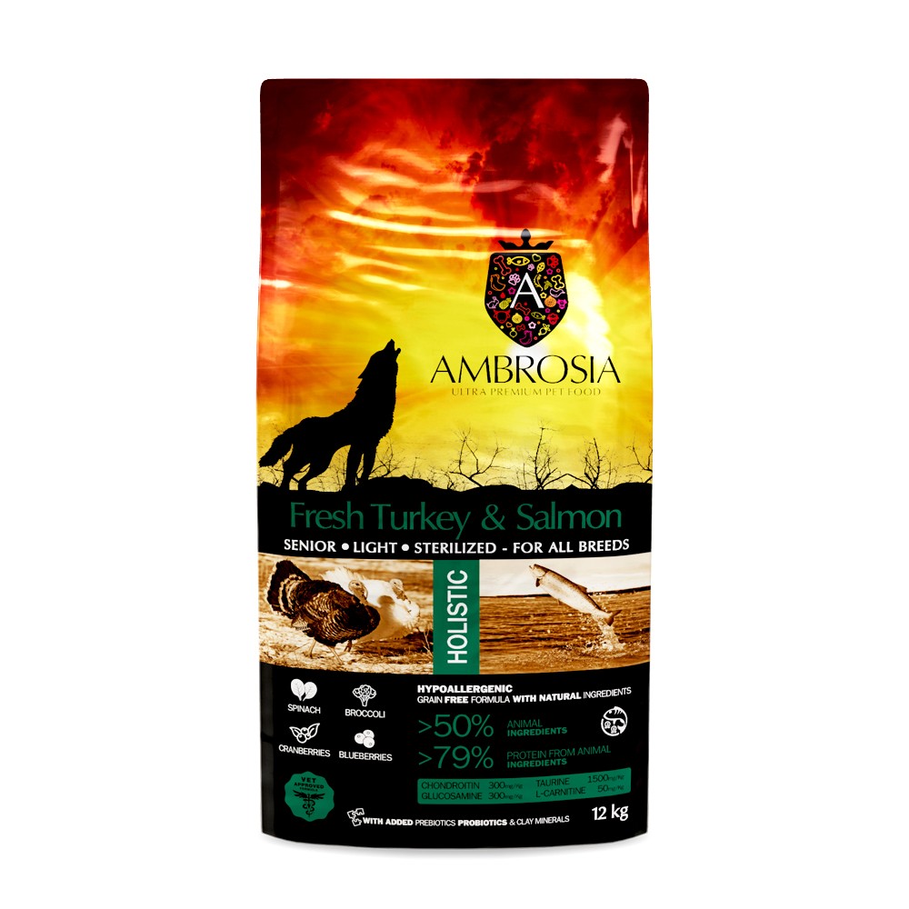 Корм для собак AMBROSIA Grain Free беззерновой для стерилизованных или пожилых собак, склонных к ожирению, с индейкой и лососем 12кг