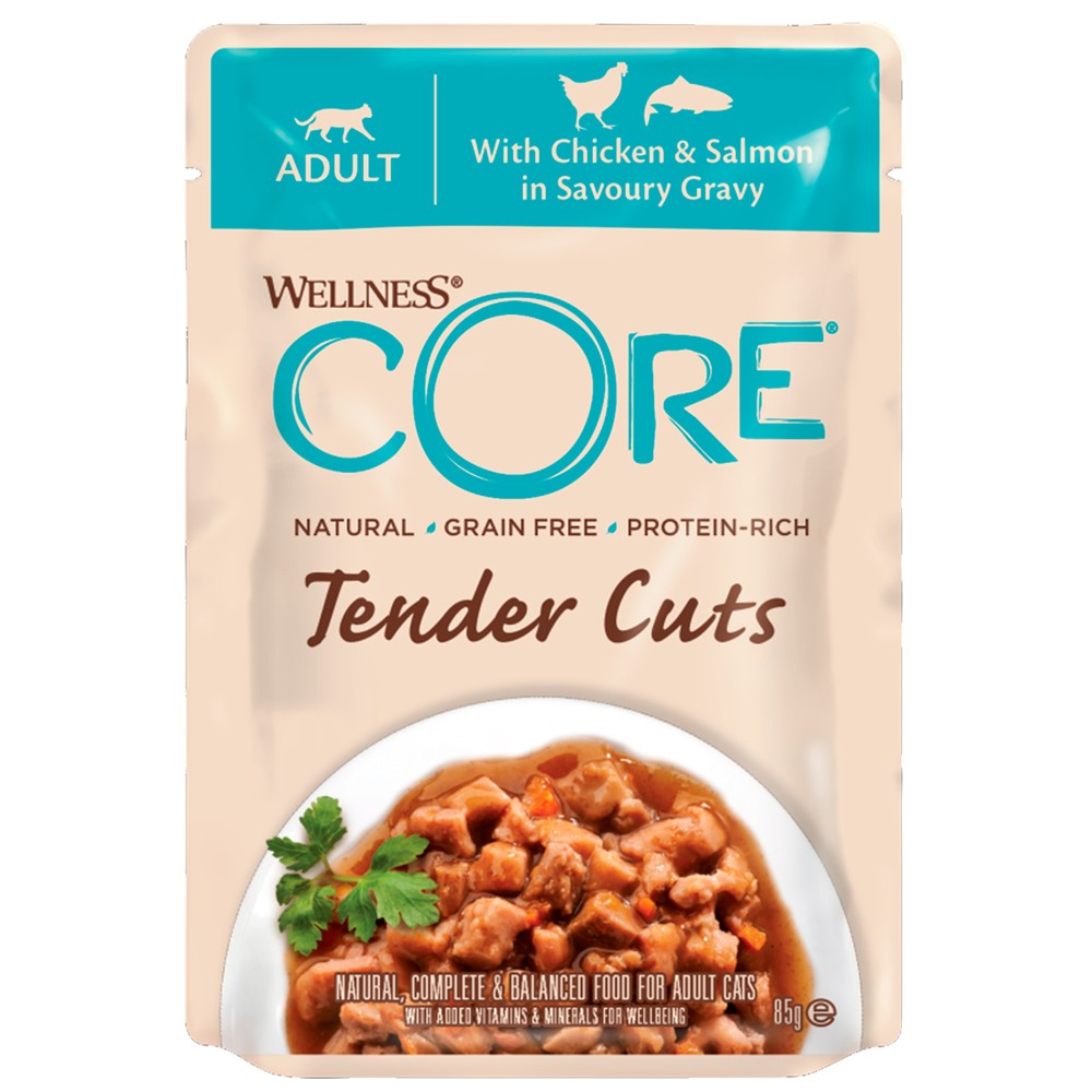 Корм для кошек CORE Tender Cuts нежные кусочки курицы и лосося в пикантном соусе пауч 85г