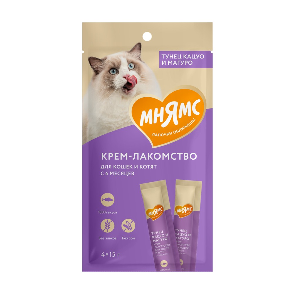 Лакомство для кошек МНЯМС Крем-лакомство с тунцом Кацуо и Магуро 15гх4шт