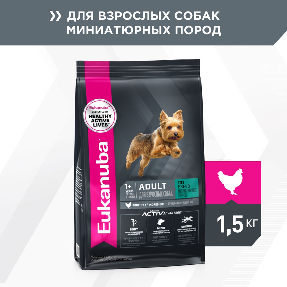 корм для собак eukanuba немецкая овчарка курица сух 10кг Корм для собак Eukanuba Adult Toy Breed для миниатюрных пород сух. 1,5кг