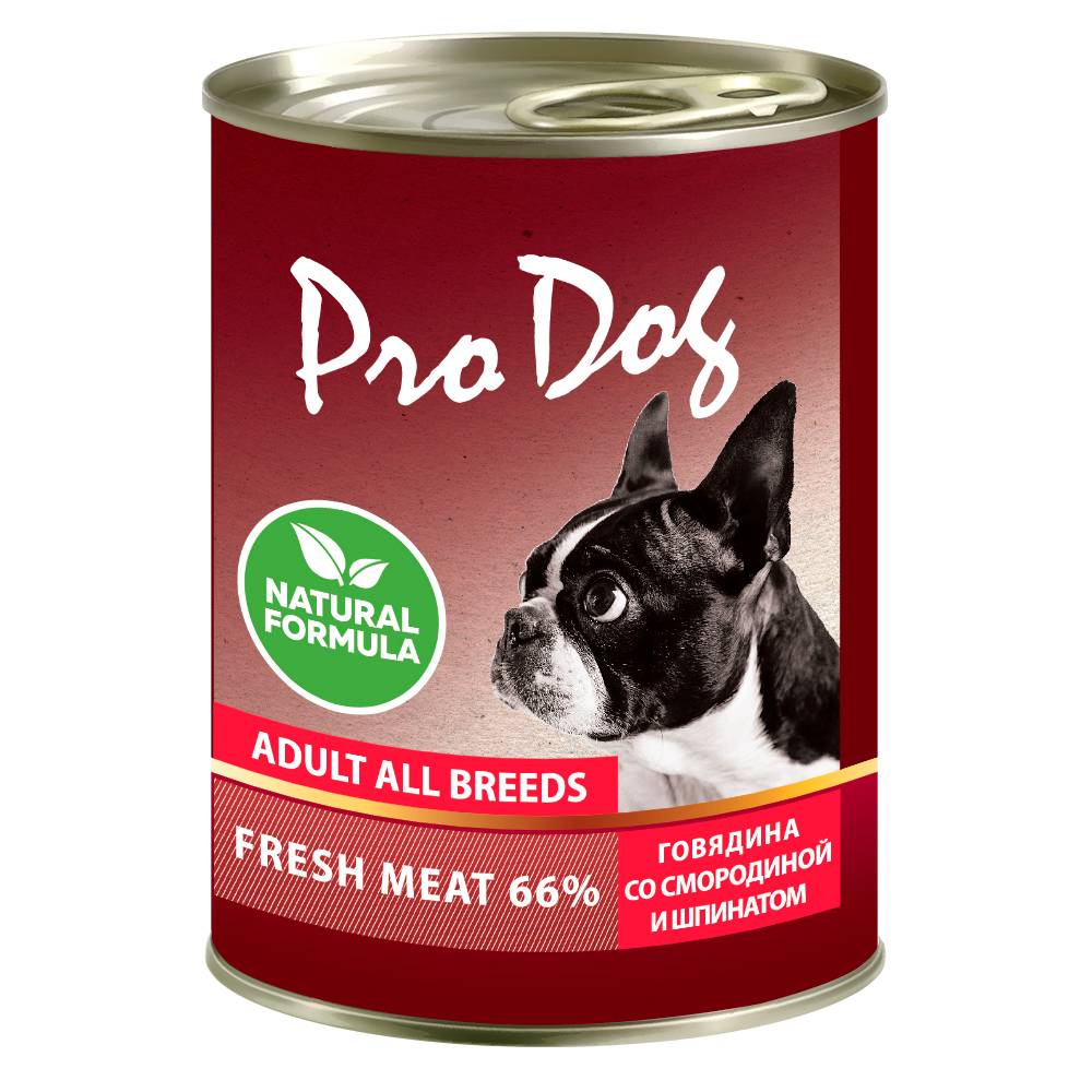 Корм для собак PRO DOG говядина, красная смородина, шпинат банка 400г корм для собак pro dog индейка рис цукини банка 400г