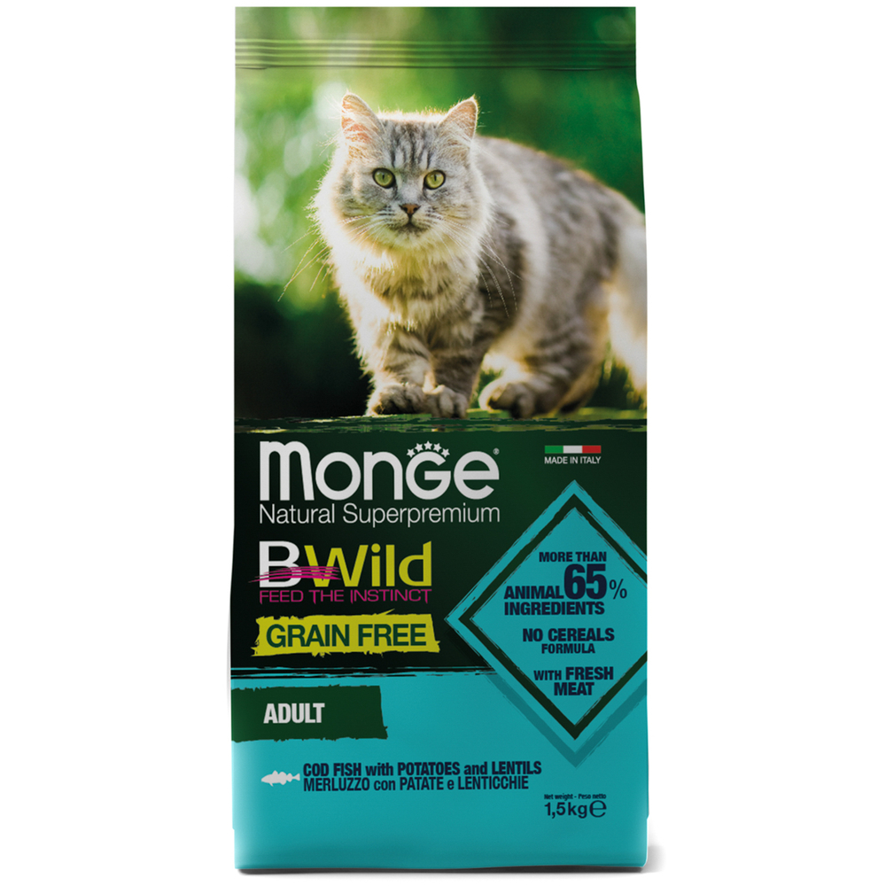 Корм для кошек Monge Cat BWild Grain Free треска сух 15кг 2500₽