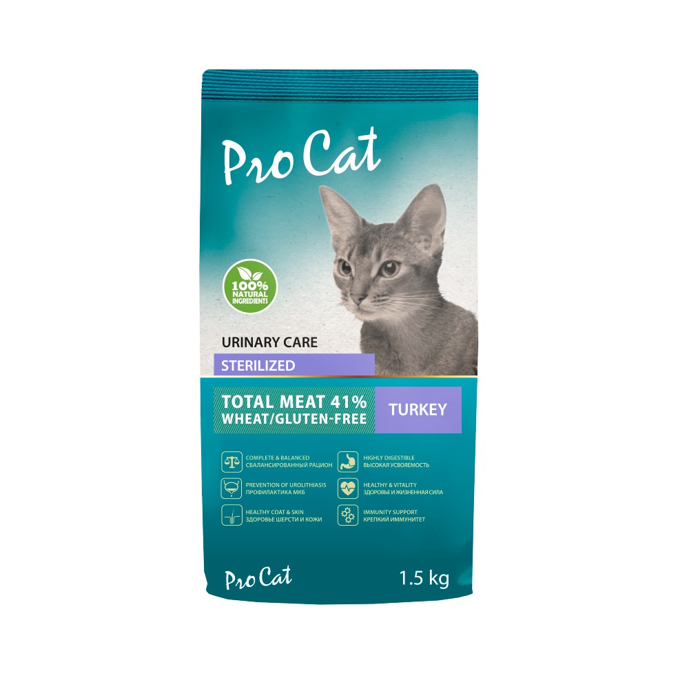 цена Корм для кошек Pro Cat для стерилизованных для профилактики МКБ, индейка сух. 1,5кг