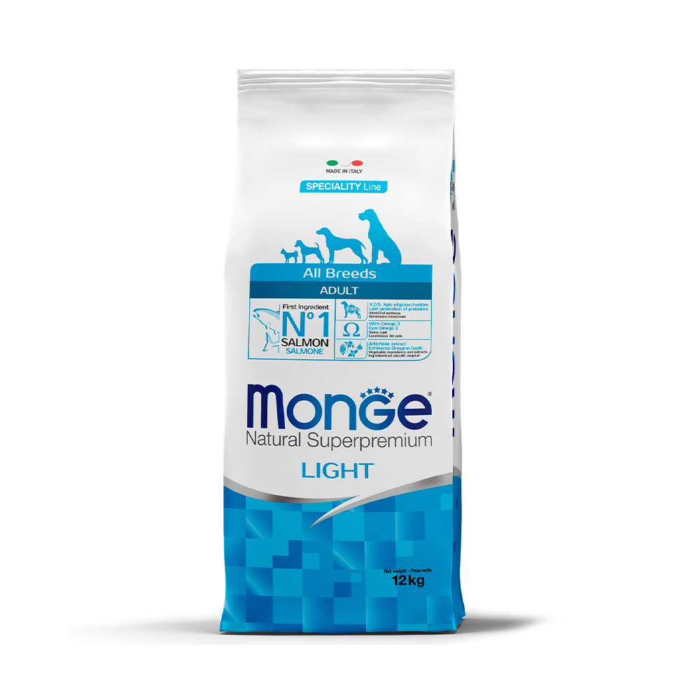 Корм для собак Monge Dog Speciality Light для всех пород низкокалорийный лосось рис сух 12кг 12980₽