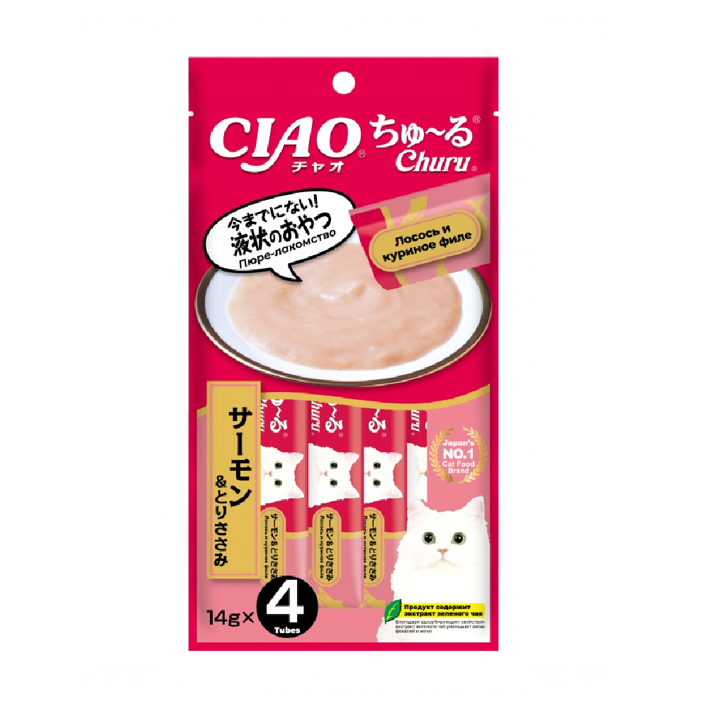 Лакомство для кошек INABA Ciao Churu Лосось с куриным филе пюре 14гх4шт 345₽
