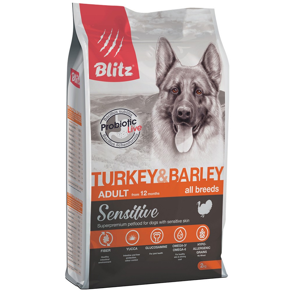 Корм для собак Blitz Sensitive индейка, ячмень сух. 2кг корм для собак brit premium dog sensitive ягнёнок и индейка 3 кг