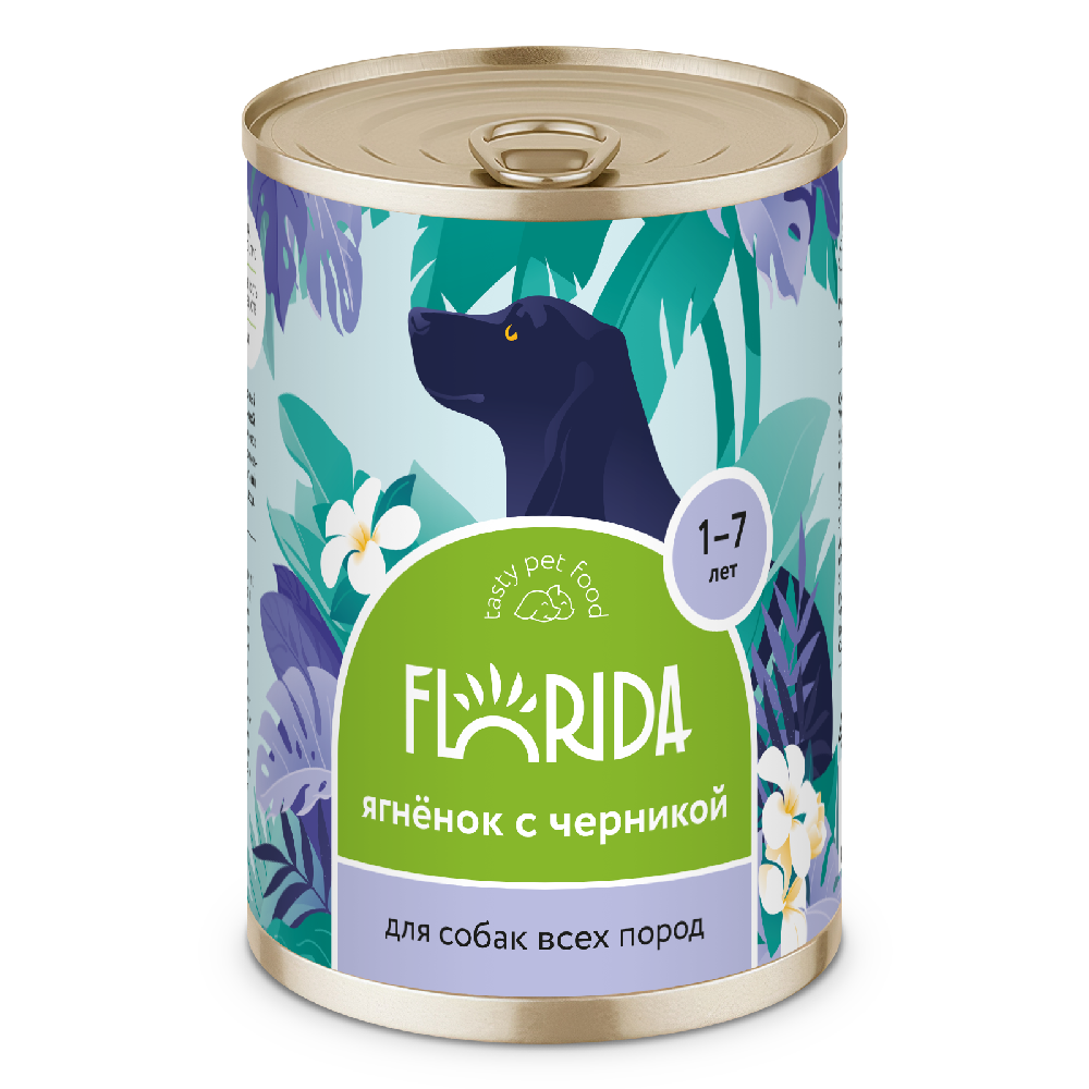Корм для собак FLORIDA Ягненок с черникой банка 400г 373₽