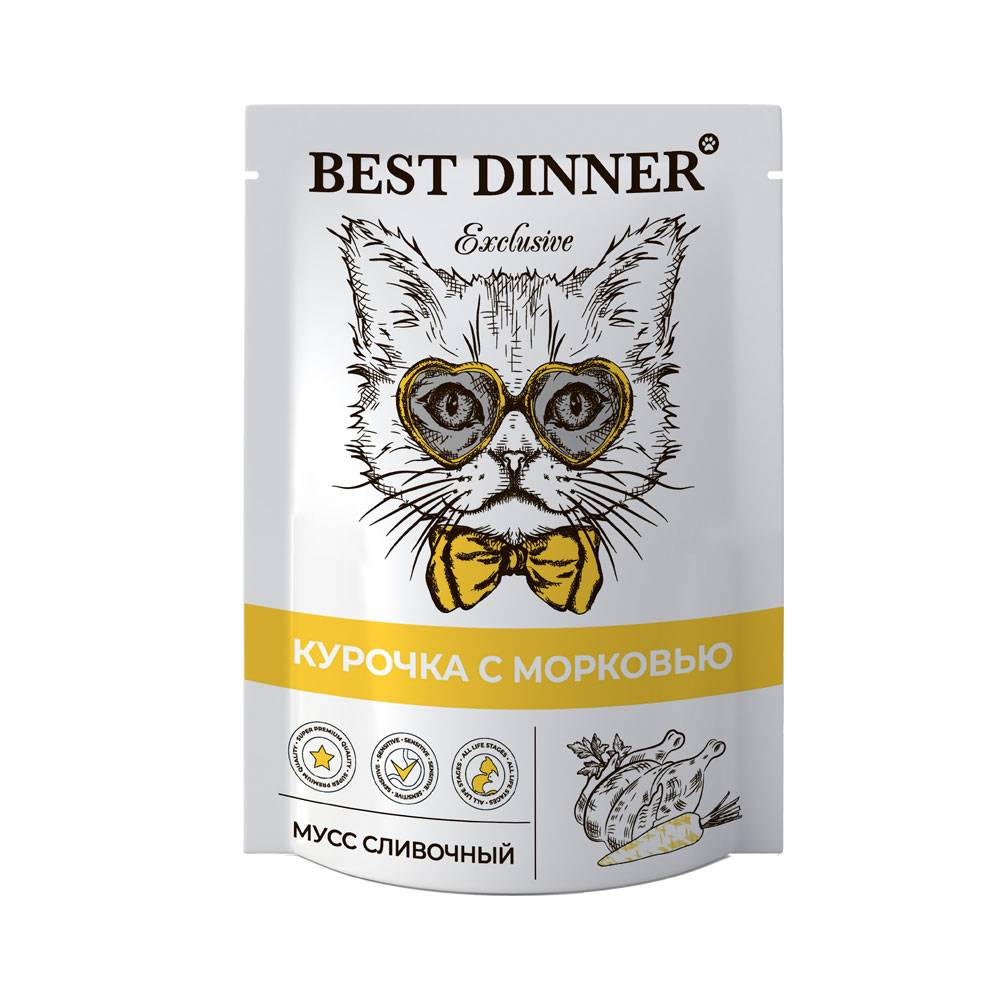 Корм для кошек Best Dinner Exclusive Мусс сливочный курочка с морковью пауч 85г best dinner small