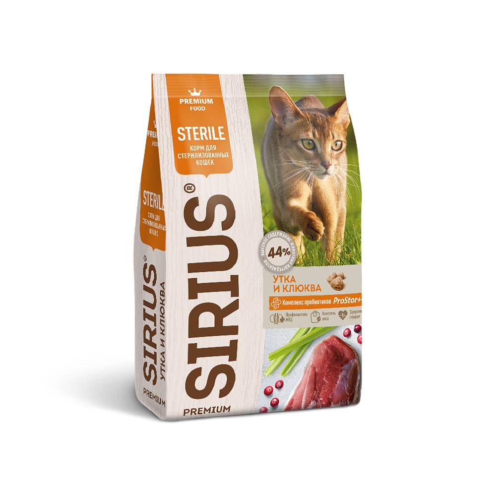 Корм для кошек SIRIUS для стерилизованных, утка с клюквой сух. 1,5кг корм для стерилизованных кошек sirius premium утка и клюква 400 г