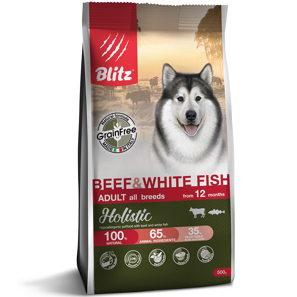Корм для собак Blitz Holistic беззерновой говядина, белая рыба сух. 500г