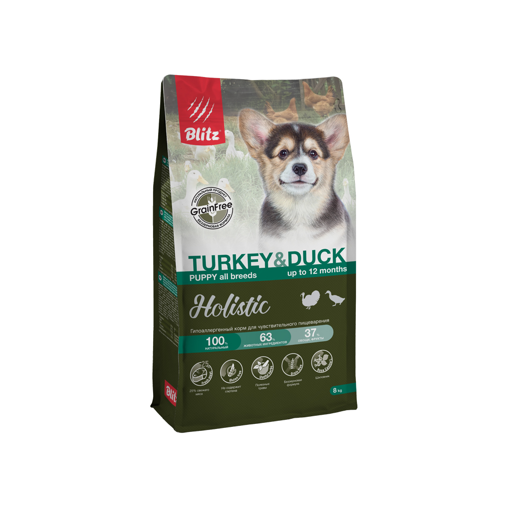 Корм для щенков Blitz Holistic индейка с уткой сух 8кг 11440₽