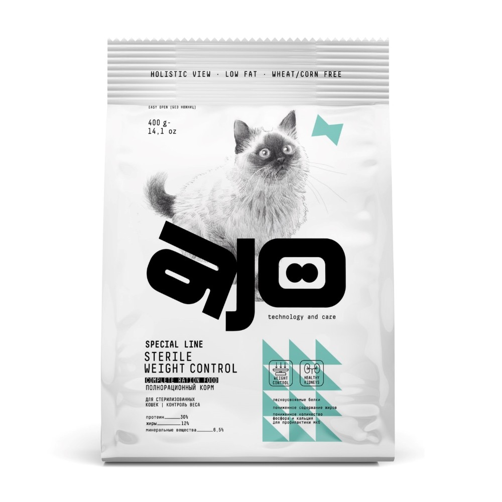 Корм для кошек AJO Cat Sterile Weight Control для стерилизованных, контроль веса, курица сух. 400г цена и фото