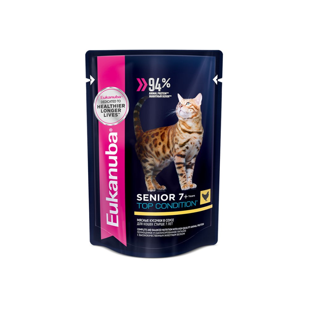 Корм для кошек Eukanuba Senior 7 Top Condition старше 7 лет курица в соусе пауч 85г 105₽