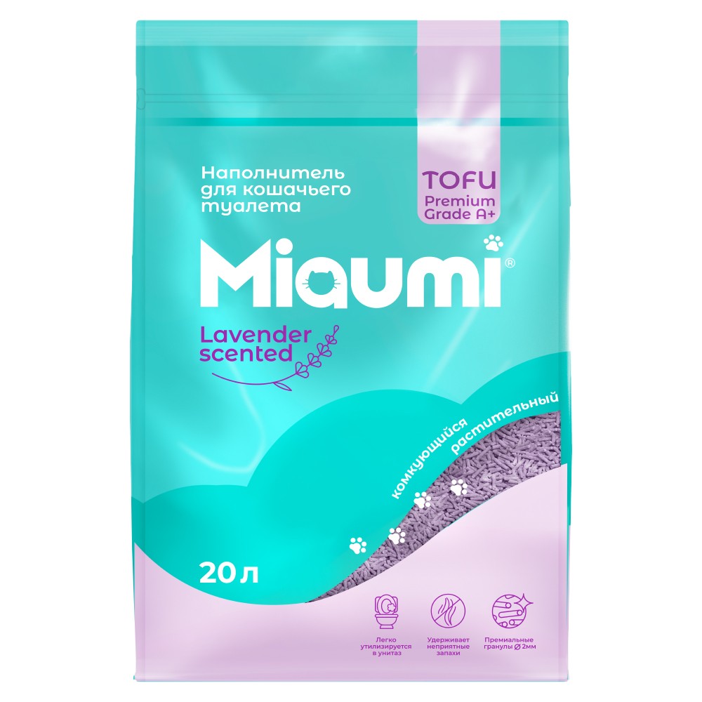 Наполнитель для кошачьего туалета MIAUMI Tofu Lavender комкующийся с аром. лаванды 20л наполнитель комкующийся catmania lavander для кошачьего туалета с ароматом лаванды 5 л