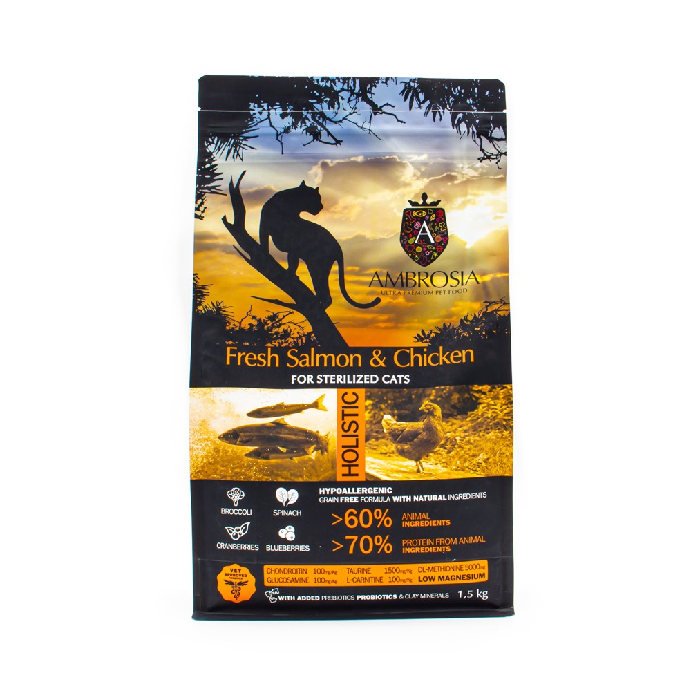 Корм для кошек AMBROSIA Grain Free беззерновой для стерилизованных, со свежим лососем и курицей 1,5кг