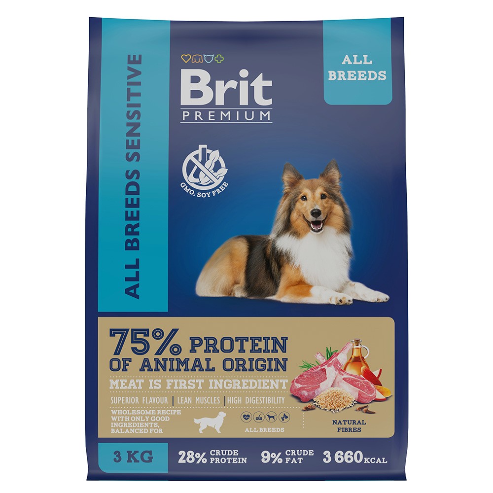 Корм для собак Brit Premium Dog с чувствительным пищеварением, ягненок с индейкой сух. 3кг