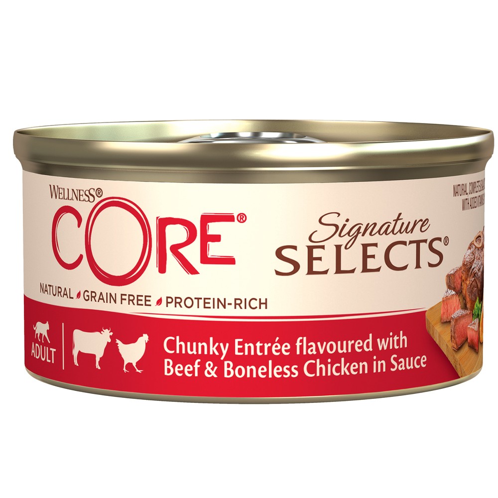 цена Корм для кошек CORE Signature Selects аппетитные кусочки говядины,кур.филе в соусе конс.79г