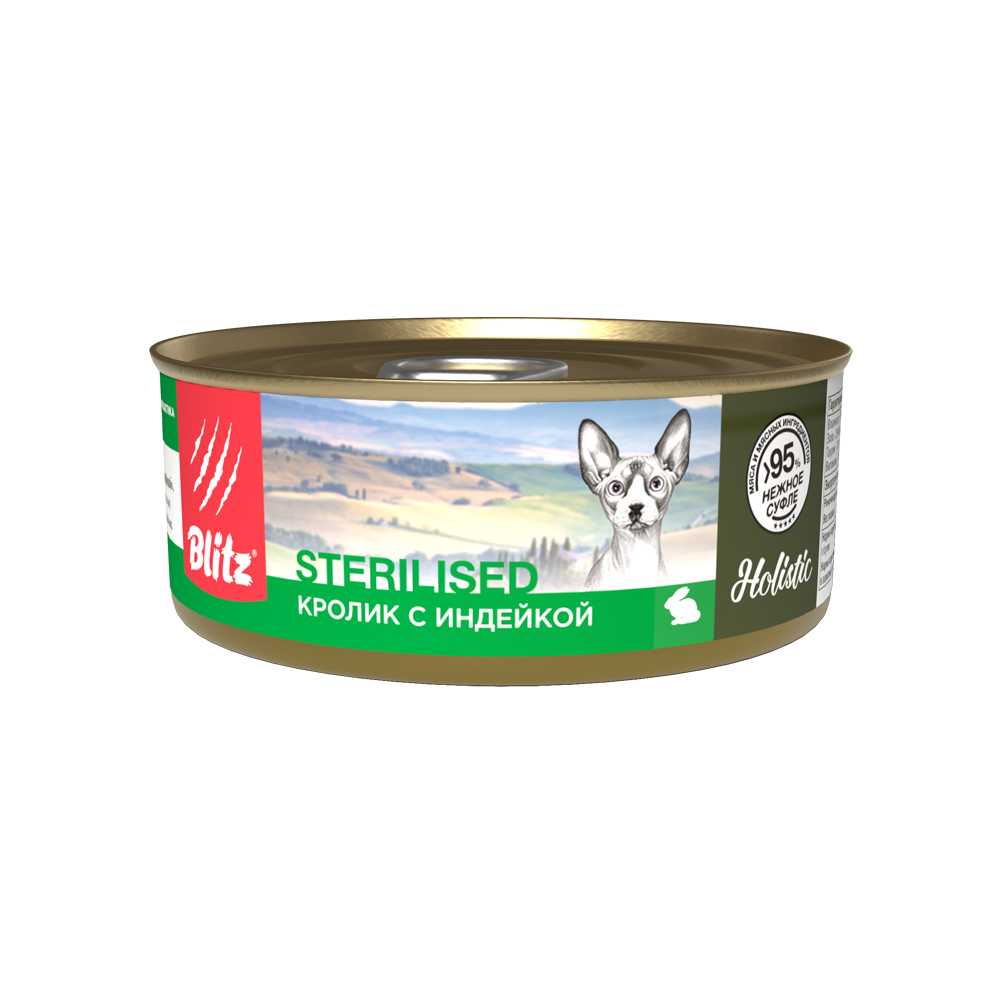 Корм для кошек Blitz Holistic для стерилизованных, кролик с индейкой суфле банка 100г